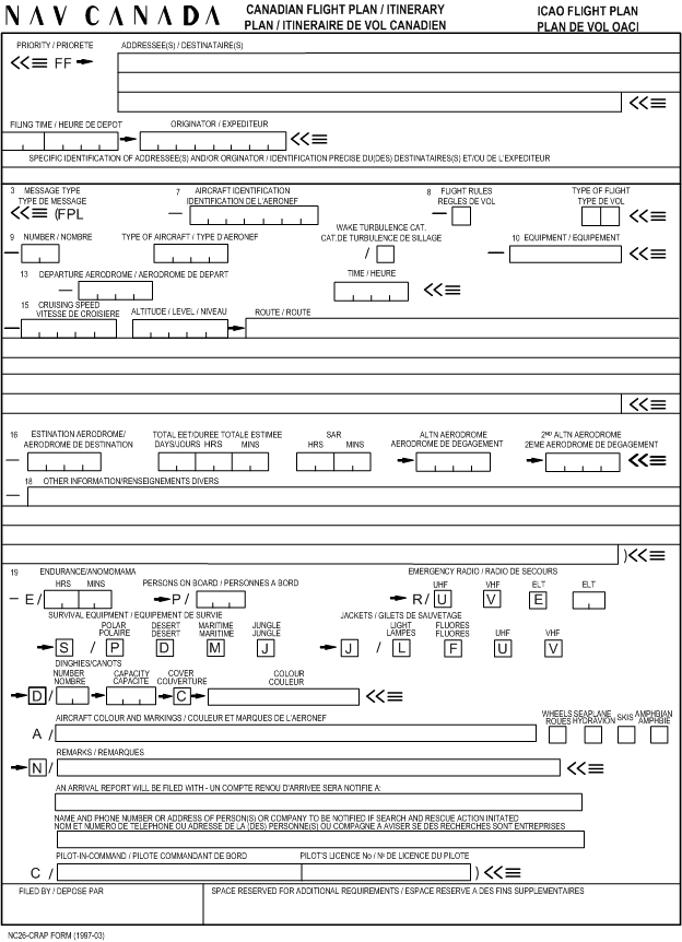 Canadian Flight Plan Form. Langley Flying School.